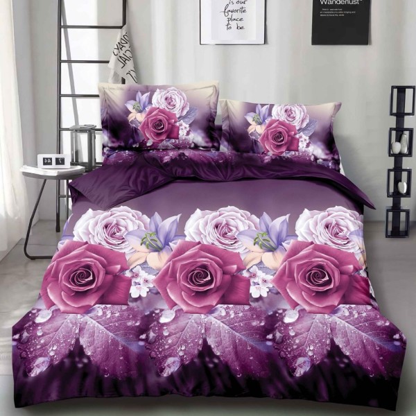 Lenjerie pat dublu (140x200cm, 160x200cm, 180x200cm), cearsaf clasic, imprimeu 3D, Mov, trandafiri [1]