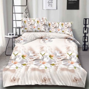 Lenjerie pat dublu (140x200cm, 160x200cm, 180x200cm), cearsaf clasic, imprimeu 3D, Crem, magnolii