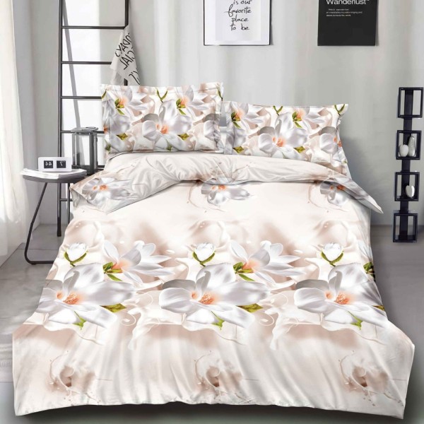Lenjerie pat dublu (140x200cm, 160x200cm, 180x200cm), cearsaf clasic, imprimeu 3D, Crem, magnolii [1]