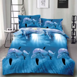 Lenjerie pat dublu, cearsaf clasic, imprimeu 3D, Bleu, delfini