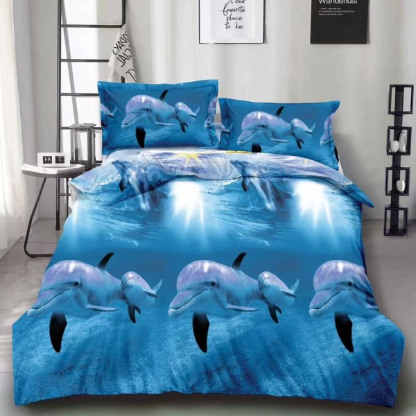 Lenjerie pat dublu (140x200cm, 160x200cm, 180x200cm), cearsaf clasic, imprimeu 3D, Bleu, delfini [1]
