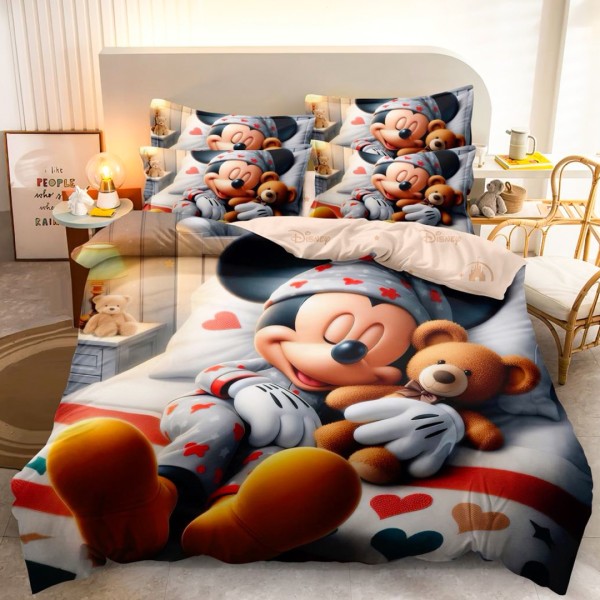Lenjerie pat dublu (140x200cm, 160x200cm, 180x200cm), FINET, 6 piese, IDENTICA CU POZA, Gri, Bej, Mickey Mouse [1]