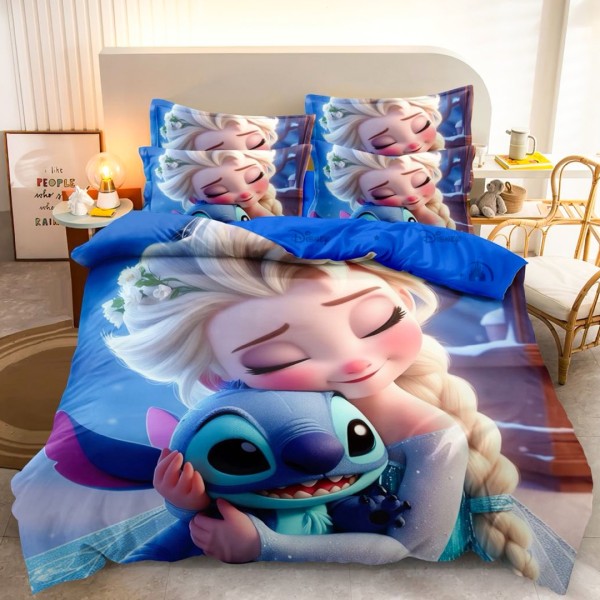 Lenjerie pat dublu (140x200cm, 160x200cm, 180x200cm), FINET, 6 piese, IDENTICA CU POZA, Albastru, Elsa si Stich [1]
