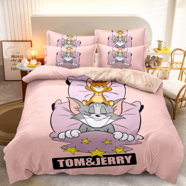 Lenjerie pat dublu (140x200cm, 160x200cm, 180x200cm), FINET, 6 piese, IDENTICA CU POZA, Roz, Tom si Jerry [1]