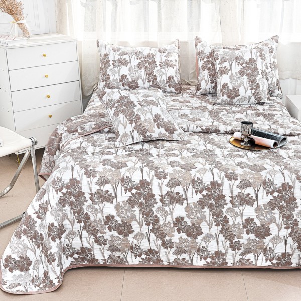 Cuvertura Pat Dublu, Bumbac cu In, Model Brodat Direct în Tesatura, 230x250 cm, 2 fete de perna 52x72cm, 2 fete de perna 46x46cm, Alb, Maro, Flori [1]