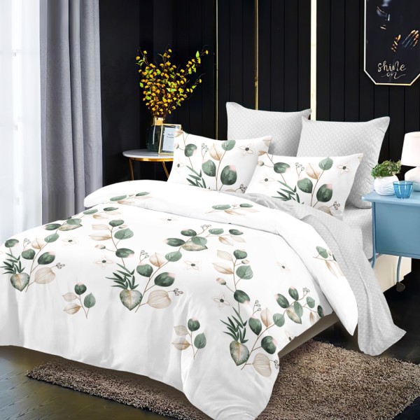 Lenjerie pat dublu,  FINET, cu elastic, 6 piese, Alb, Gri, Verde, Frunze [1]