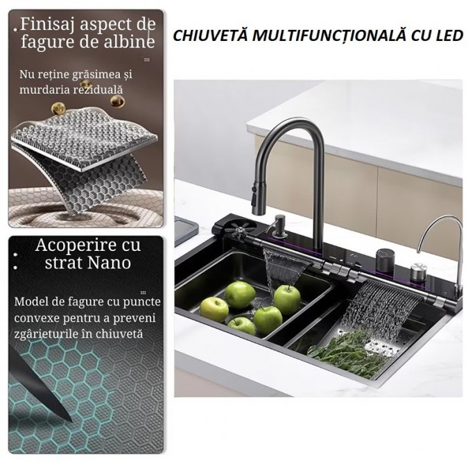 Chiuveta Bucatarie Multifunctionala cu LED, Inox, Gri Inchis – Negru 75×45cm – Puterea Tehnologiei și Designului în Bucătăria Ta