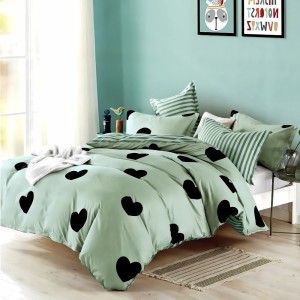 Lenjerie pat dublu, bumbac satinat, cu doua feţe, 4 piese,  Verde, inimioare