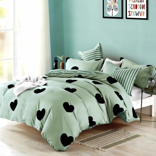 Lenjerie pat dublu, bumbac satinat, cu doua feţe, 4 piese,  Verde, inimioare [1]