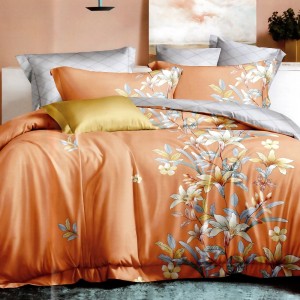 Lenjerie pat dublu, bumbac satinat, cu doua feţe, 4 piese,  Gri, Portocaliu, flori Lenjerie pat dublu, bumbac satinat, cu doua feţe, 4 piese,  Gri, Portocaliu, flori