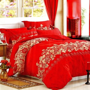 Lenjerie pat dublu, bumbac satinat, cu doua feţe, 4 piese, Rosu, elegant Lenjerie pat dublu, bumbac satinat, cu doua feţe, 4 piese, Rosu, elegant