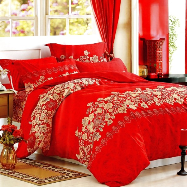 Lenjerie pat dublu, bumbac satinat, cu doua feţe, 4 piese, Rosu, elegant [1]