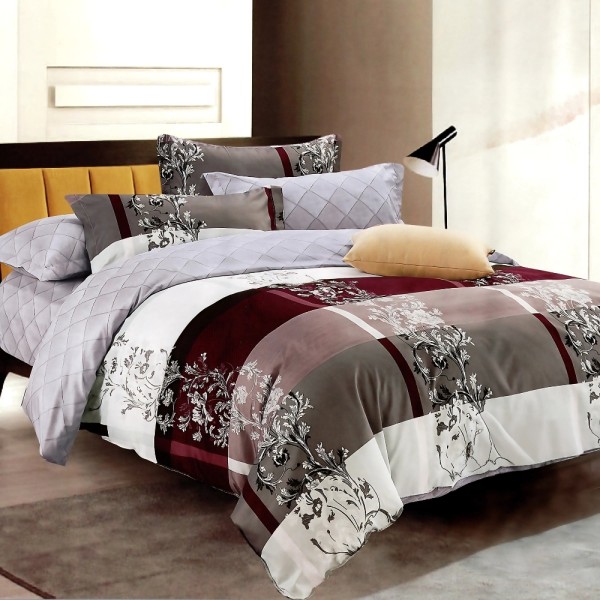 Lenjerie pat dublu, bumbac satinat, cu doua feţe, 4 piese, Alb. Gri, Grena, elegant [1]