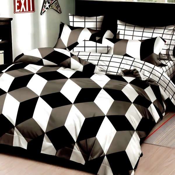 Lenjerie pat dublu, bumbac satinat, cu doua feţe, 4 piese, Alb, Negru, forme geometrice [1]