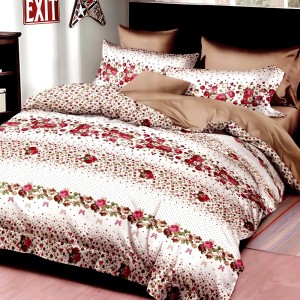 Lenjerie pat dublu, bumbac satinat, cu doua feţe, 4 piese, Alb, Bej, flori Lenjerie pat dublu, bumbac satinat, cu doua feţe, 4 piese, Alb, Bej, flori