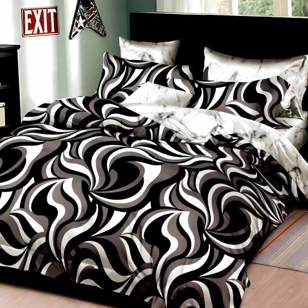 Lenjerie pat dublu, bumbac satinat, cu doua feţe, 4 piese, Alb, Negru, Gri, abstract [1]