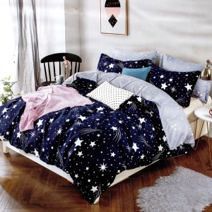 Lenjerie pat dublu, bumbac satinat, cu doua feţe, 4 piese, Alb, Albastru, stelute