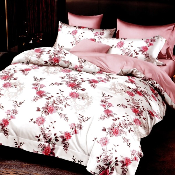 Lenjerie pat dublu, bumbac satinat, cu doua feţe, 4 piese, Alb, Roz, floricele [1]