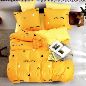 Lenjerie pat dublu, bumbac satinat, cu doua feţe, 4 piese, Galben, inimioare, gene