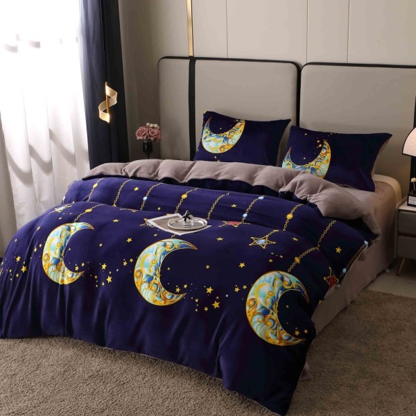 Lenjerie pat dublu, Super Pufoasa COCOLINO, 4 piese, Albastru, luna si stele [1]