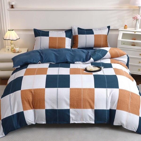 Lenjerie pat dublu cu Elastic, bumbac satinat, Alb, Albastru, patrate [1]