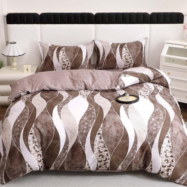 Lenjerie pat dublu cu Elastic, bumbac satinat, Alb, Bej, abstract [1]