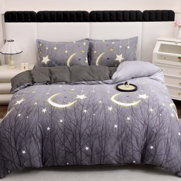 Lenjerie pat dublu cu Elastic, bumbac satinat, Gri, stelute [1]