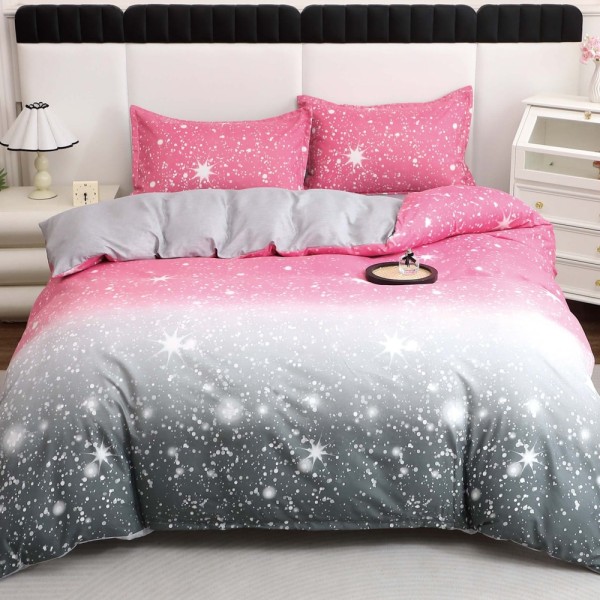 Lenjerie pat dublu cu Elastic, bumbac satinat, Gri, Roz, stelute [1]