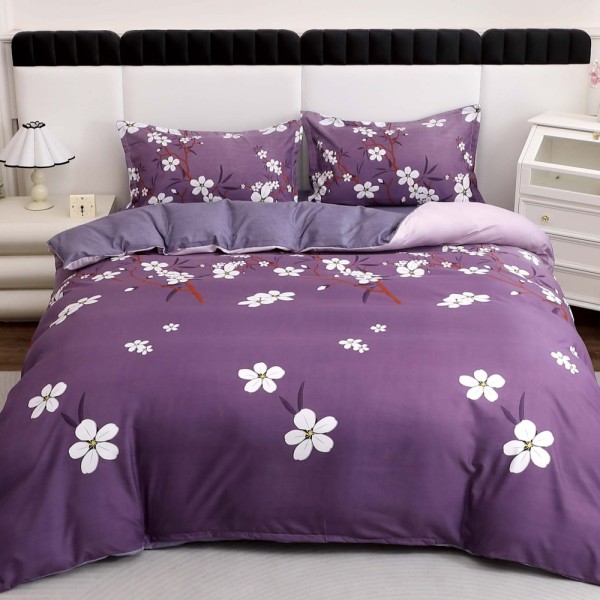Lenjerie pat dublu cu Elastic (160x200cm si 180x200cm), bumbac satinat, Mov, floricele [1]
