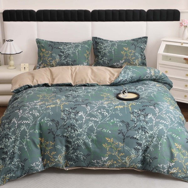 Lenjerie pat dublu cu Elastic, bumbac satinat, Verde, crengute [1]