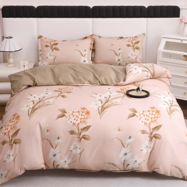Lenjerie pat dublu cu Elastic (160x200cm si 180x200cm), bumbac satinat, Bej, flori [1]