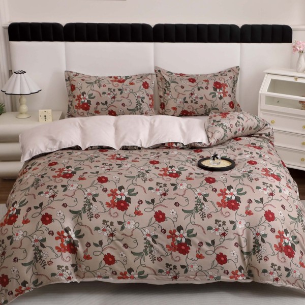 Lenjerie pat dublu cu Elastic, bumbac satinat, Bej, floricele [1]