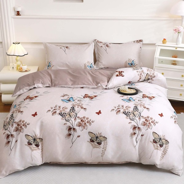 Lenjerie pat dublu cu Elastic, bumbac satinat, Bej, fluturi [1]