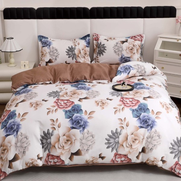 Lenjerie pat dublu cu Elastic (160x200cm si 180x200cm), bumbac satinat, Crem, floricele [1]