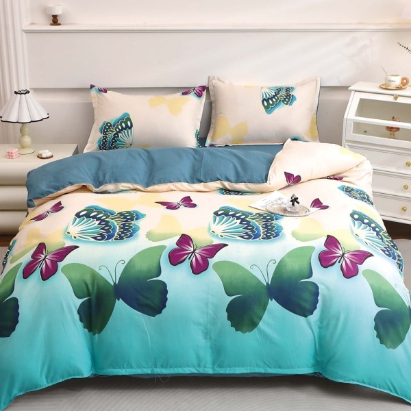 Lenjerie pat dublu cu Elastic, bumbac satinat, Crem, Bleu, fluturi [1]