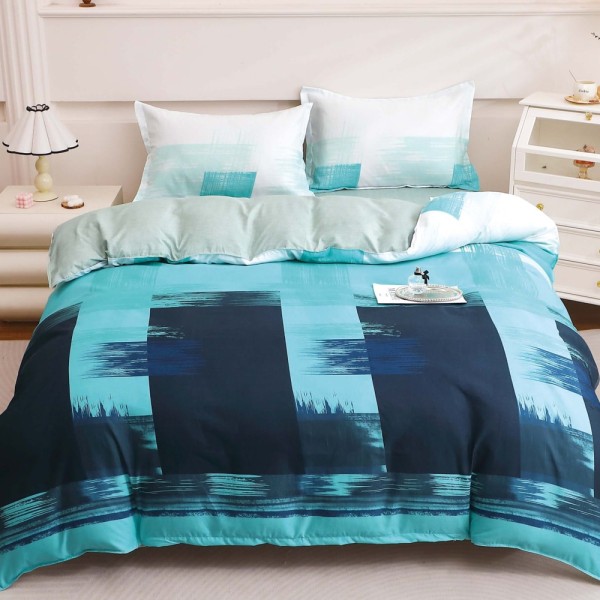 Lenjerie pat dublu cu Elastic, bumbac satinat, Bleu, abstract [1]