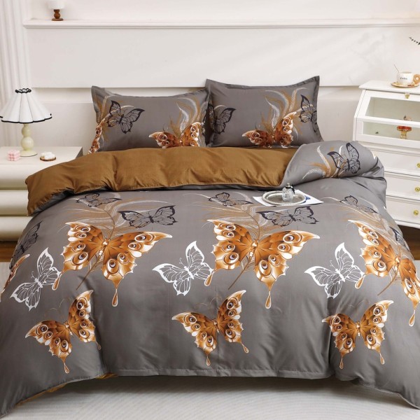 Lenjerie pat dublu cu Elastic, bumbac satinat, Bej, Caramiziu, fluturi [1]