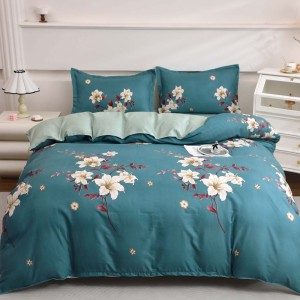 Lenjerie pat dublu cu Elastic (160x200cm si 180x200cm), bumbac satinat, Turcuaz, flori Lenjerie pat dublu cu Elastic (160x200cm si 180x200cm), bumbac satinat, Turcuaz, flori