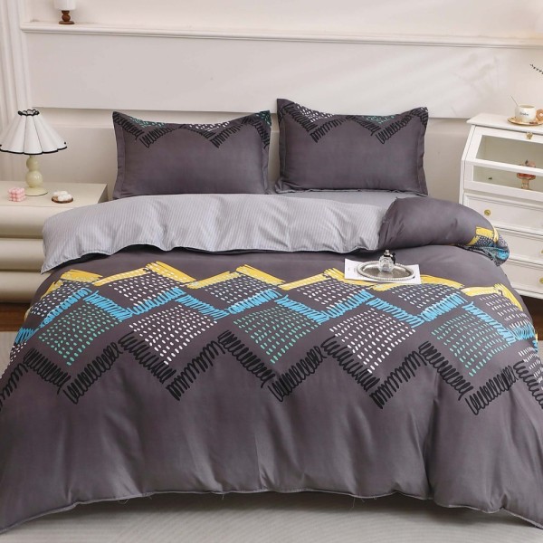 Lenjerie pat dublu cu Elastic, bumbac satinat, Gri, zig-zag [1]