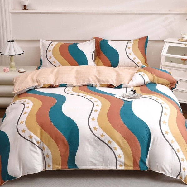 Lenjerie pat dublu cu Elastic, bumbac satinat, Crem, abstract [1]