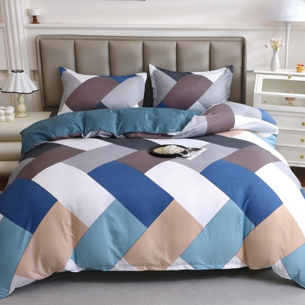 Lenjerie pat dublu cu Elastic, bumbac satinat, Bej, Albastru, dreptunghiuri [1]