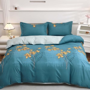 Lenjerie pat dublu cu Elastic (160x200cm si 180x200cm), bumbac satinat, Turcuaz, crengute cu flori Lenjerie pat dublu cu Elastic (160x200cm si 180x200cm), bumbac satinat, Turcuaz, crengute cu flori