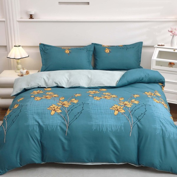 Lenjerie pat dublu cu Elastic (160x200cm si 180x200cm), bumbac satinat, Turcuaz, crengute cu flori [1]