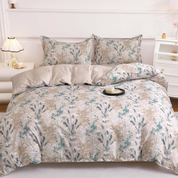 Lenjerie pat dublu cu Elastic, bumbac satinat, Bej, flori [1]