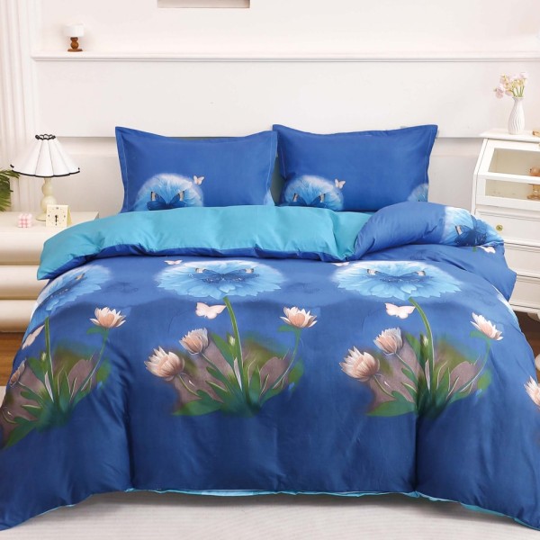 Lenjerie pat dublu cu Elastic (160x200cm si 180x200cm), bumbac satinat, Albastru, flori, fluturi [1]
