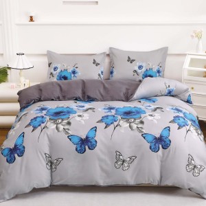 Lenjerie pat dublu cu Elastic (160x200cm si 180x200cm), bumbac satinat, Gri, fluturi