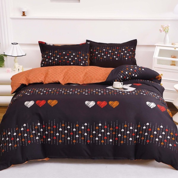 Lenjerie pat dublu cu Elastic (160x200cm si 180x200cm), bumbac satinat, Negru, Caramiziu, inimioare [1]