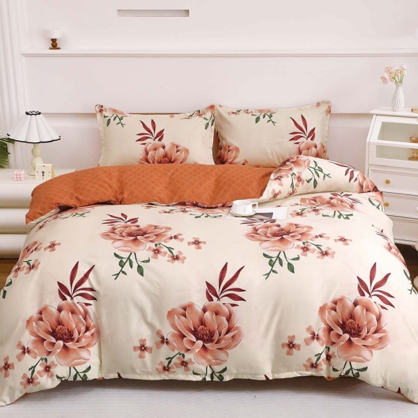 Lenjerie pat dublu cu Elastic (160x200cm si 180x200cm), bumbac satinat, Crem, Caramiziu, flori [1]