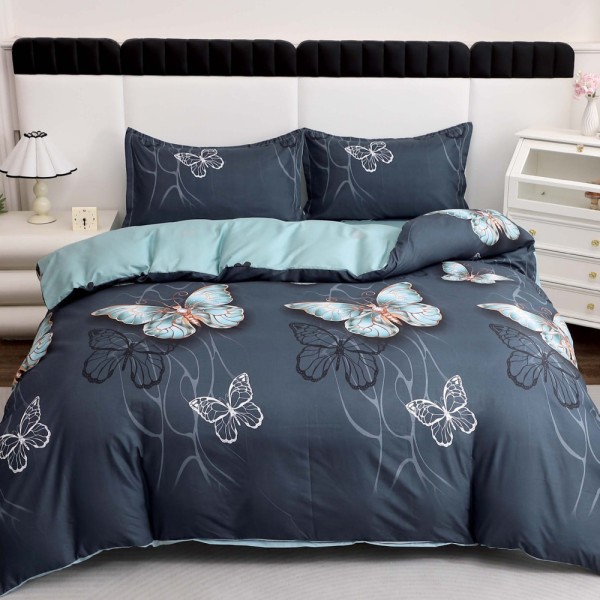 Lenjerie pat dublu cu Elastic, bumbac satinat, Albastru, fluturi [1]
