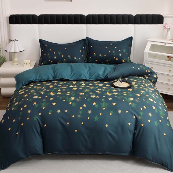 Lenjerie pat dublu cu Elastic (160x200cm si 180x200cm), bumbac satinat, Verde, stelute [1]